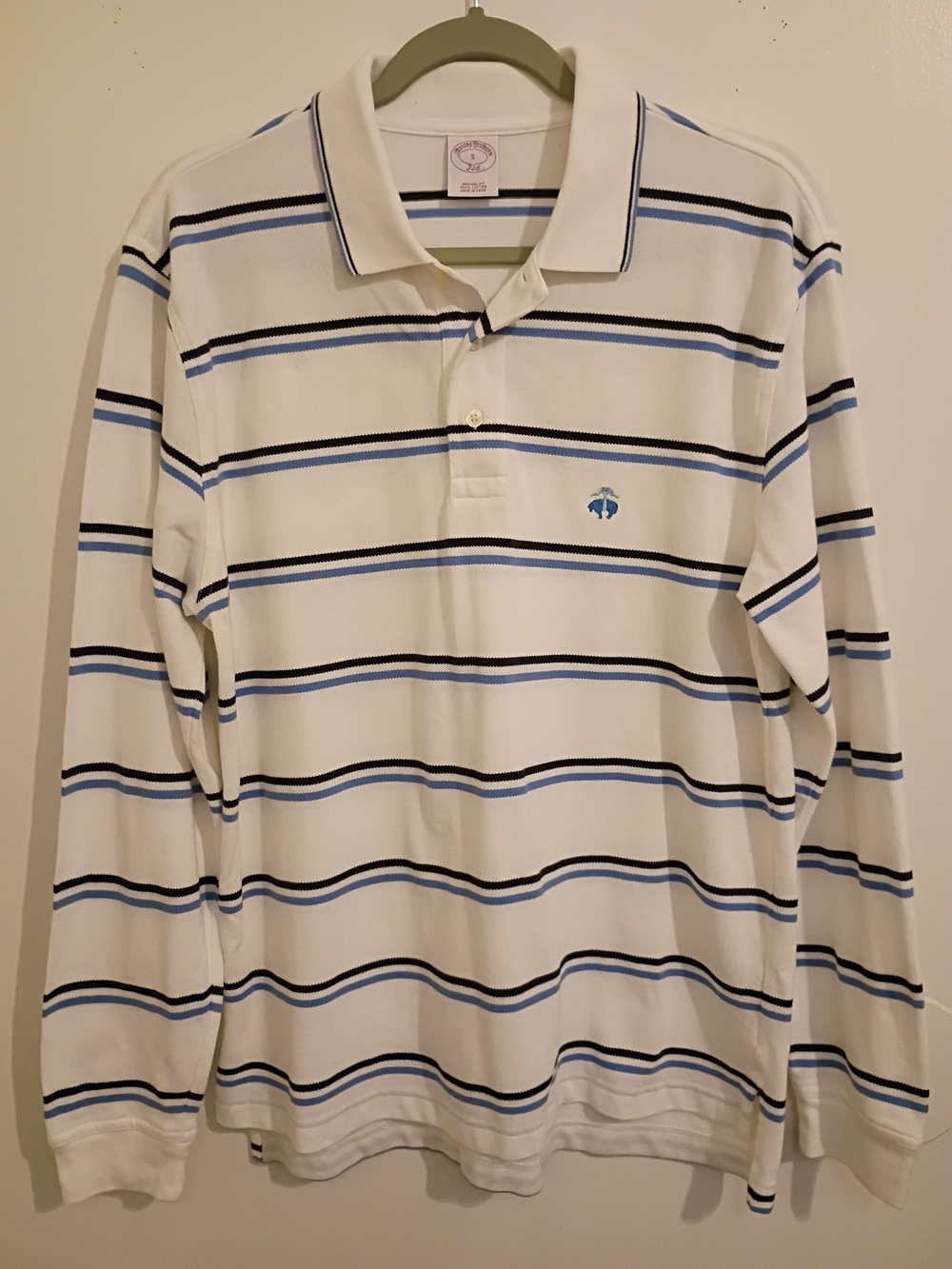 Brooks Brothers Men's White Long-Sleeve Polo with Blue & Black Stripes Sz S